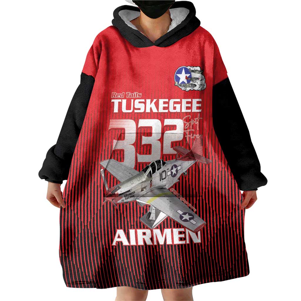 Tuskegee Red Tails Airmen Wearable Blanket Hoodie P-51 Mustang 332nd Fighter Group - Black Red - Wonder Print Shop