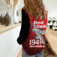 Tuskegee Red Tails Airmen Women Casual Shirt P-51 Mustang 332nd Fighter Group - Black Red - Wonder Print Shop