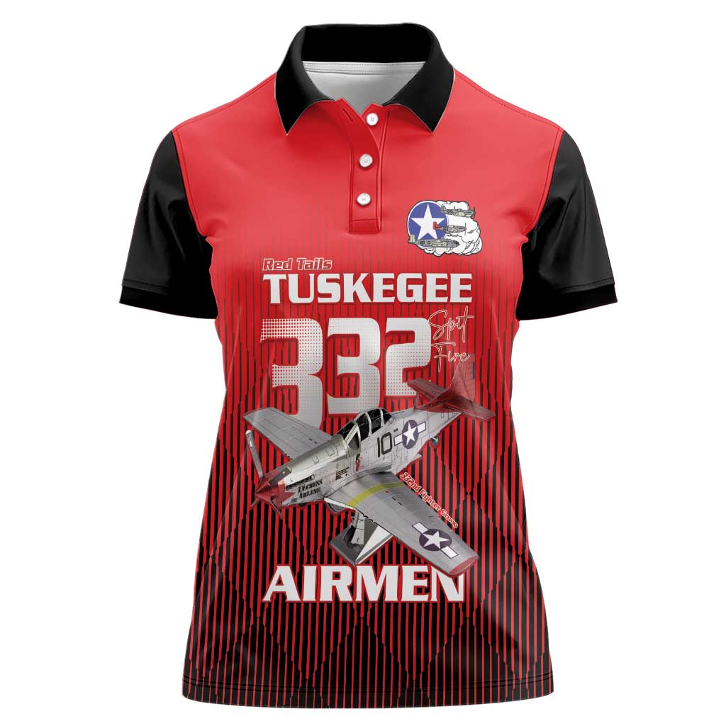 Tuskegee Red Tails Airmen Women Polo Shirt P-51 Mustang 332nd Fighter Group - Black Red - Wonder Print Shop