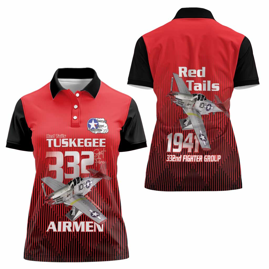 Tuskegee Red Tails Airmen Women Polo Shirt P-51 Mustang 332nd Fighter Group - Black Red - Wonder Print Shop