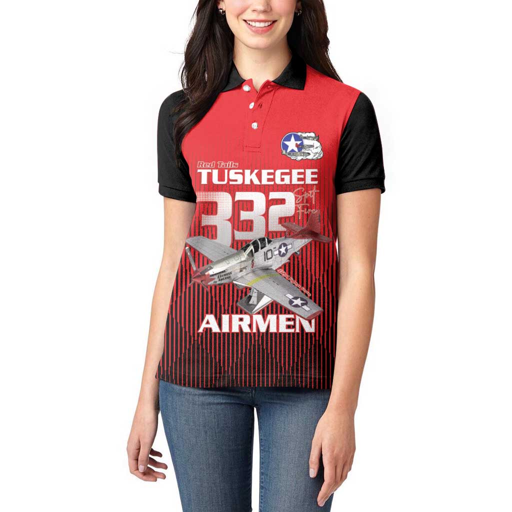 Tuskegee Red Tails Airmen Women Polo Shirt P-51 Mustang 332nd Fighter Group - Black Red - Wonder Print Shop