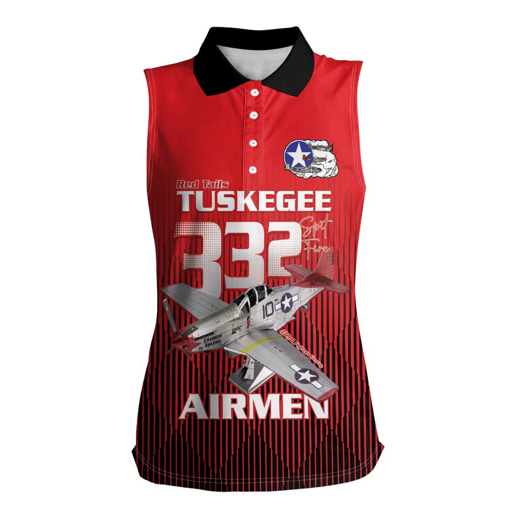 Tuskegee Red Tails Airmen Women Sleeveless Polo Shirt P-51 Mustang 332nd Fighter Group - Black Red - Wonder Print Shop