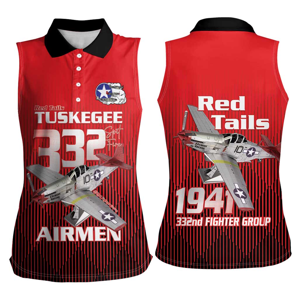 Tuskegee Red Tails Airmen Women Sleeveless Polo Shirt P-51 Mustang 332nd Fighter Group - Black Red - Wonder Print Shop