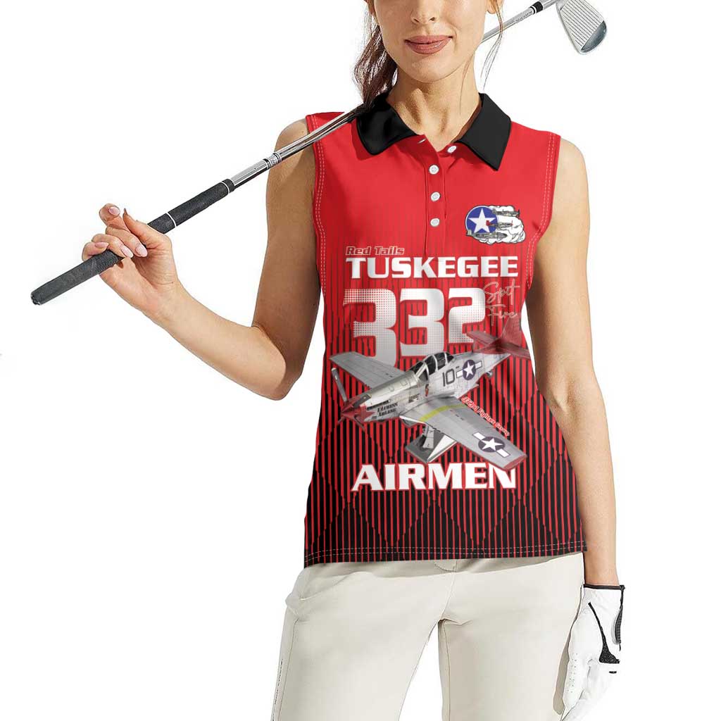 Tuskegee Red Tails Airmen Women Sleeveless Polo Shirt P-51 Mustang 332nd Fighter Group - Black Red - Wonder Print Shop