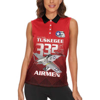 Tuskegee Red Tails Airmen Women Sleeveless Polo Shirt P-51 Mustang 332nd Fighter Group - Black Red - Wonder Print Shop