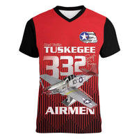 Tuskegee Red Tails Airmen Women V-Neck T-Shirt P-51 Mustang 332nd Fighter Group - Black Red - Wonder Print Shop