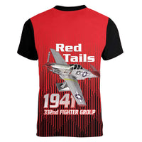 Tuskegee Red Tails Airmen Women V-Neck T-Shirt P-51 Mustang 332nd Fighter Group - Black Red - Wonder Print Shop
