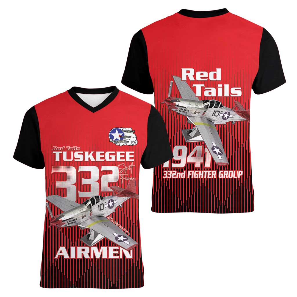Tuskegee Red Tails Airmen Women V-Neck T-Shirt P-51 Mustang 332nd Fighter Group - Black Red - Wonder Print Shop