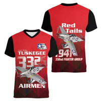 Tuskegee Red Tails Airmen Women V-Neck T-Shirt P-51 Mustang 332nd Fighter Group - Black Red - Wonder Print Shop