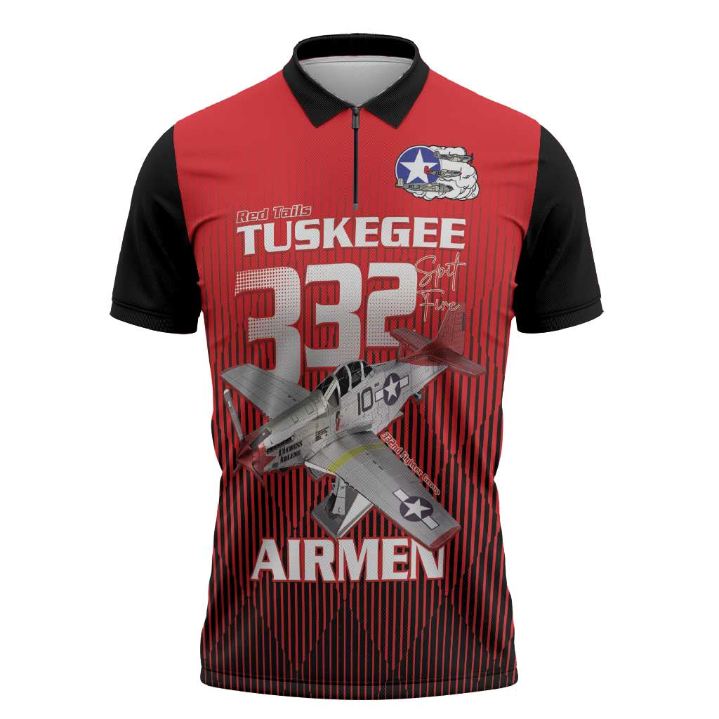 Tuskegee Red Tails Airmen Zipper Polo Shirt P-51 Mustang 332nd Fighter Group - Black Red - Wonder Print Shop