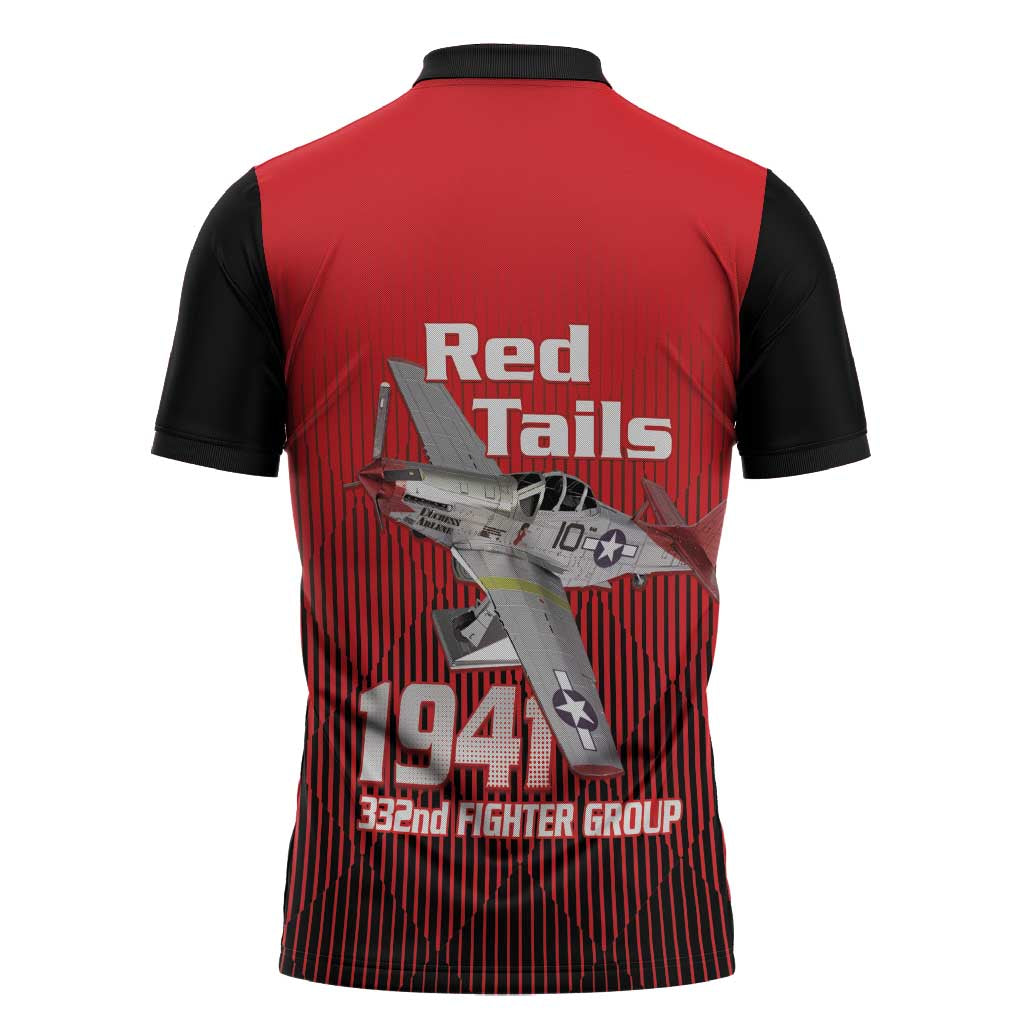 Tuskegee Red Tails Airmen Zipper Polo Shirt P-51 Mustang 332nd Fighter Group - Black Red - Wonder Print Shop