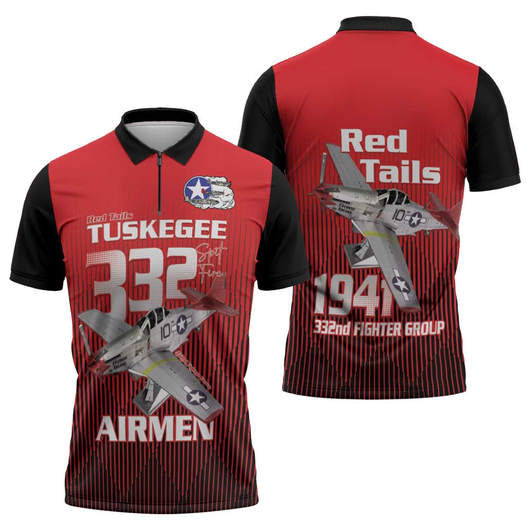 Tuskegee Red Tails Airmen Zipper Polo Shirt P-51 Mustang 332nd Fighter Group - Black Red - Wonder Print Shop