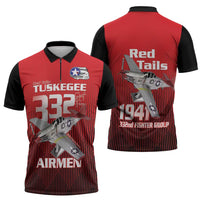 Tuskegee Red Tails Airmen Zipper Polo Shirt P-51 Mustang 332nd Fighter Group - Black Red - Wonder Print Shop