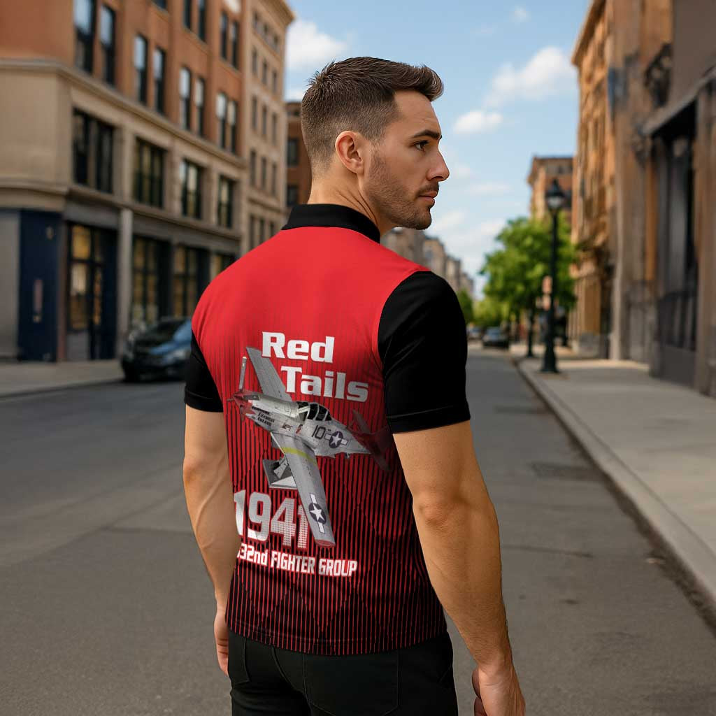 Tuskegee Red Tails Airmen Zipper Polo Shirt P-51 Mustang 332nd Fighter Group - Black Red - Wonder Print Shop