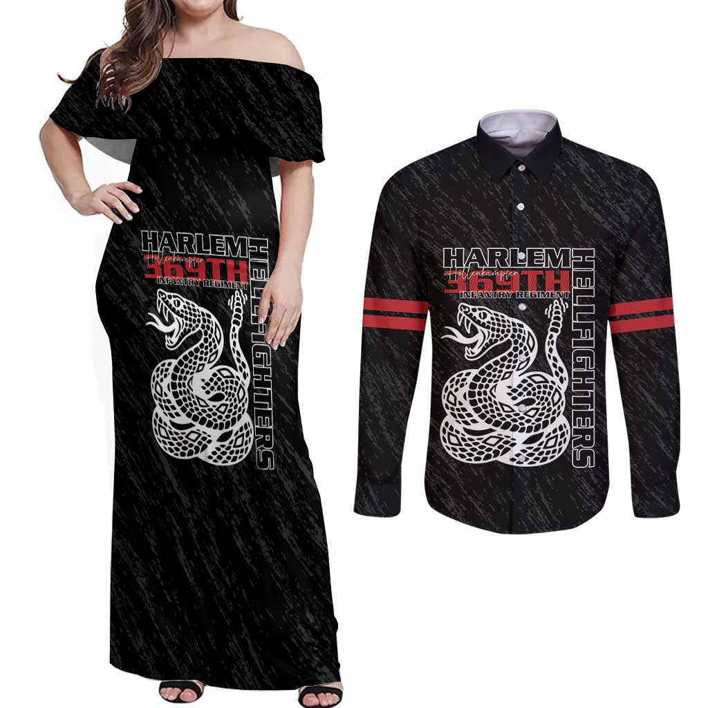 Harlem Hellfighters Couples Matching Off Shoulder Maxi Dress and Long Sleeve Button Shirt 369th Infantry Regiment - Wonder Print Shop