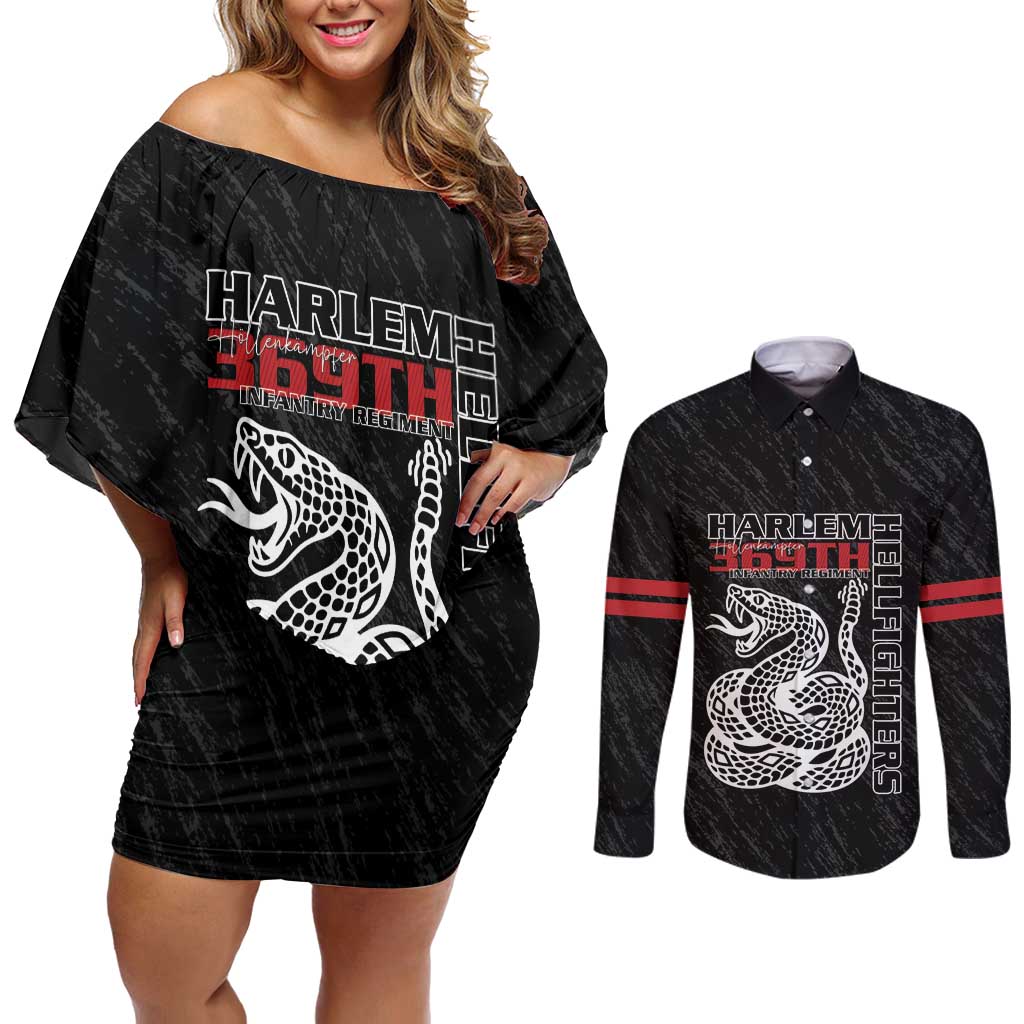 Harlem Hellfighters Couples Matching Off Shoulder Short Dress and Long Sleeve Button Shirt 369th Infantry Regiment - Wonder Print Shop
