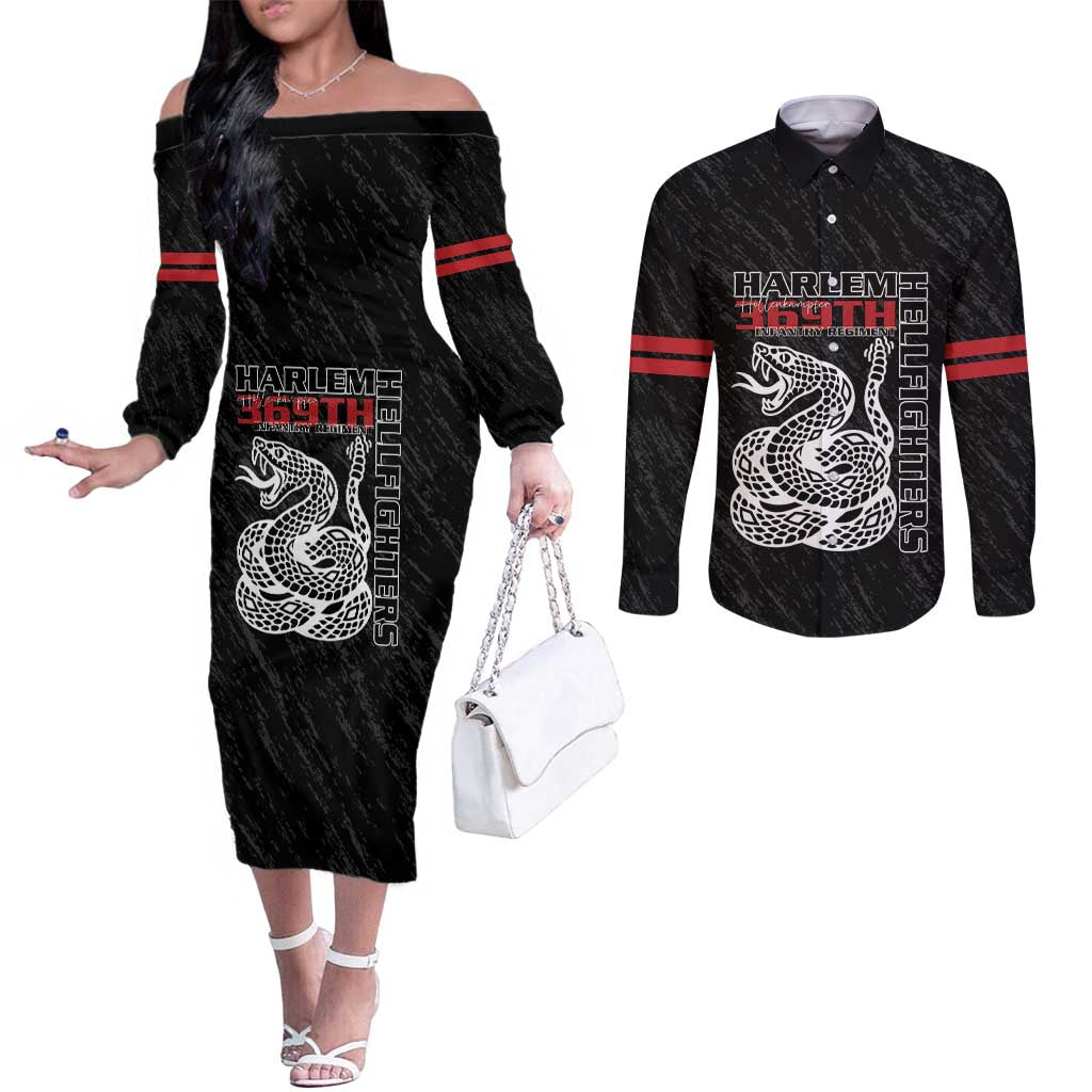 Harlem Hellfighters Couples Matching Off The Shoulder Long Sleeve Dress and Long Sleeve Button Shirt 369th Infantry Regiment - Wonder Print Shop