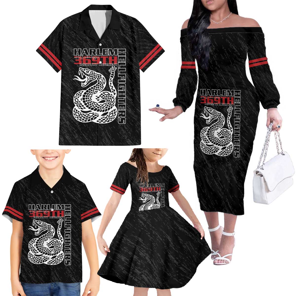 Harlem Hellfighters Family Matching Off The Shoulder Long Sleeve Dress and Hawaiian Shirt 369th Infantry Regiment - Wonder Print Shop