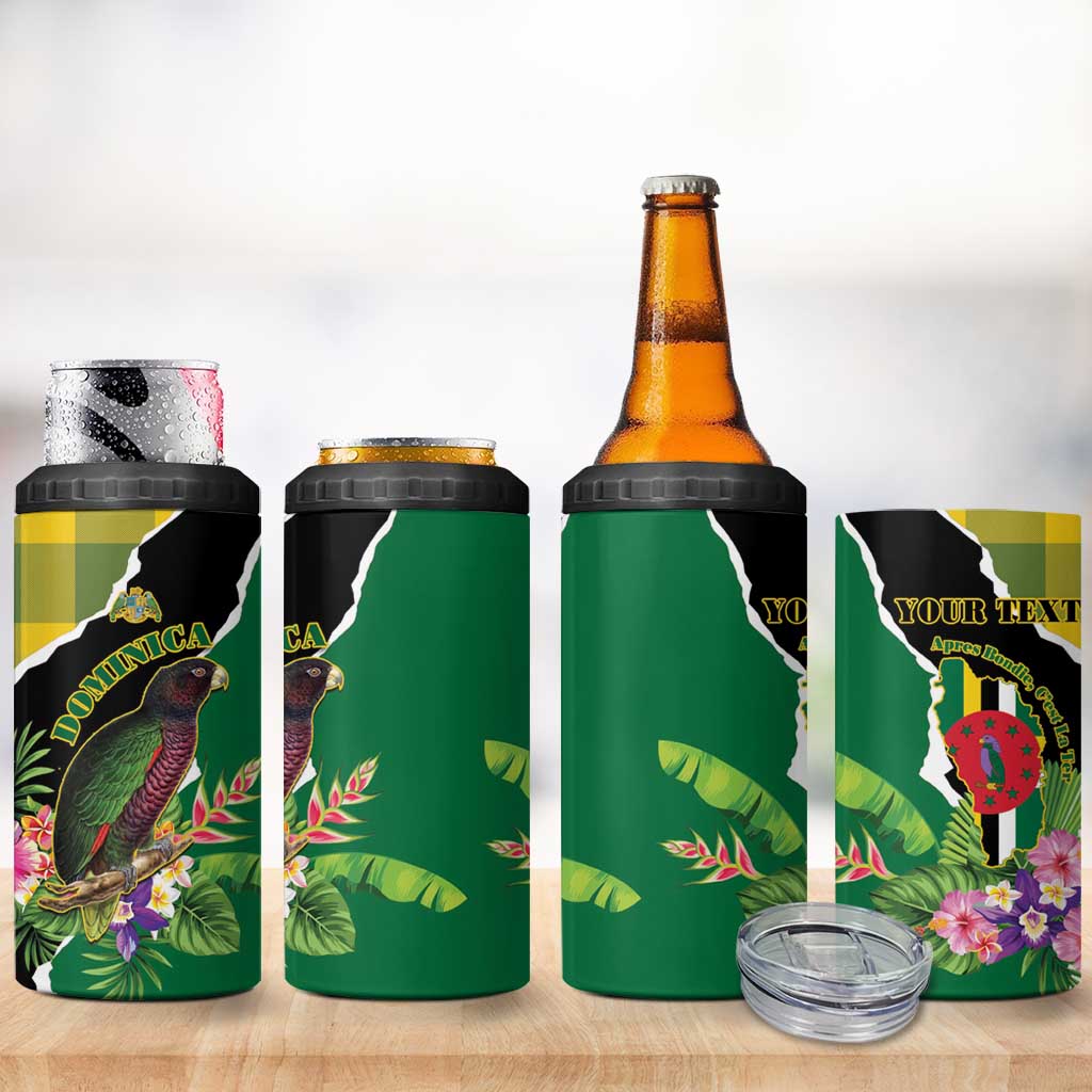 Personalised Dominica Independence Day 4 in 1 Can Cooler Tumbler Sisserou Parrot With Tropical Flowers - Wonder Print Shop