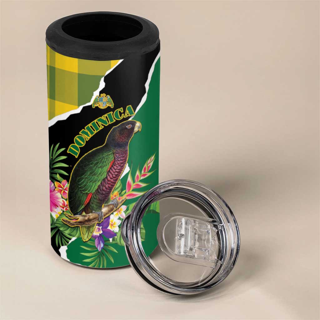 Personalised Dominica Independence Day 4 in 1 Can Cooler Tumbler Sisserou Parrot With Tropical Flowers - Wonder Print Shop