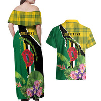 Personalised Dominica Independence Day Couples Matching Off Shoulder Maxi Dress and Hawaiian Shirt Sisserou Parrot With Tropical Flowers - Wonder Print Shop