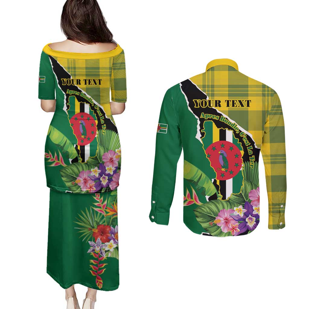 Personalised Dominica Independence Day Couples Matching Puletasi and Long Sleeve Button Shirt Sisserou Parrot With Tropical Flowers - Wonder Print Shop