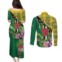 Personalised Dominica Independence Day Couples Matching Puletasi and Long Sleeve Button Shirt Sisserou Parrot With Tropical Flowers - Wonder Print Shop