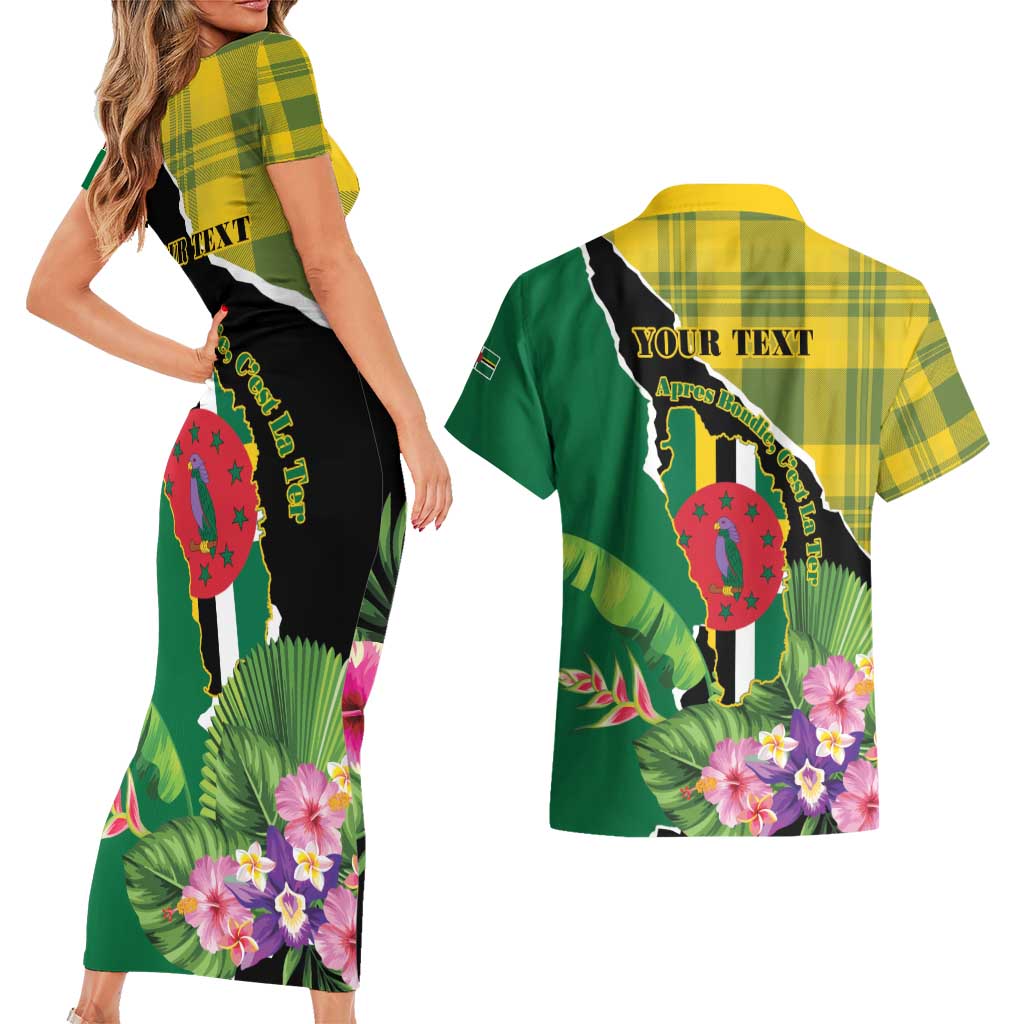 Personalised Dominica Independence Day Couples Matching Short Sleeve Bodycon Dress and Hawaiian Shirt Sisserou Parrot With Tropical Flowers - Wonder Print Shop