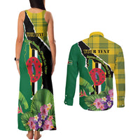 Personalised Dominica Independence Day Couples Matching Tank Maxi Dress and Long Sleeve Button Shirt Sisserou Parrot With Tropical Flowers - Wonder Print Shop