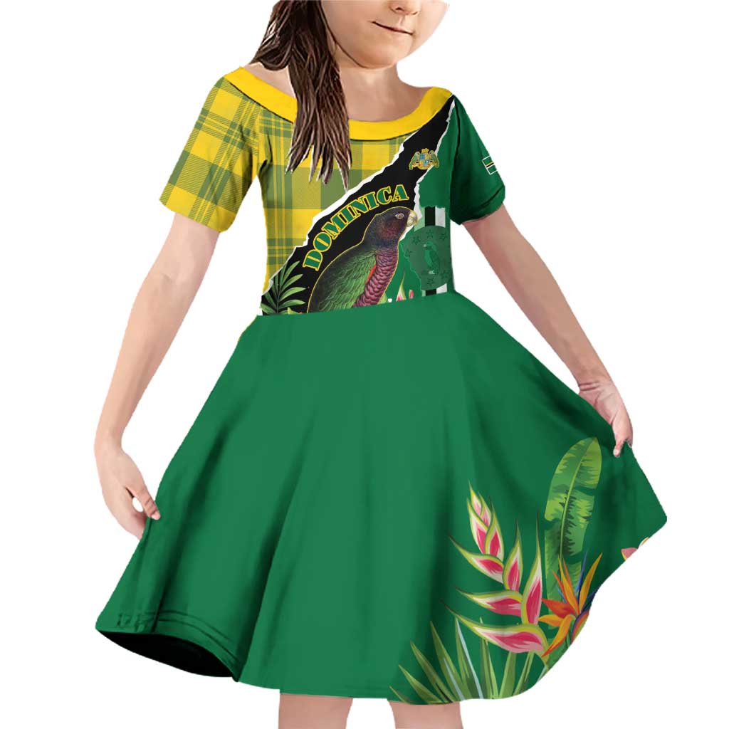 Personalised Dominica Independence Day Family Matching Off Shoulder Short Dress and Hawaiian Shirt Sisserou Parrot With Tropical Flowers - Wonder Print Shop