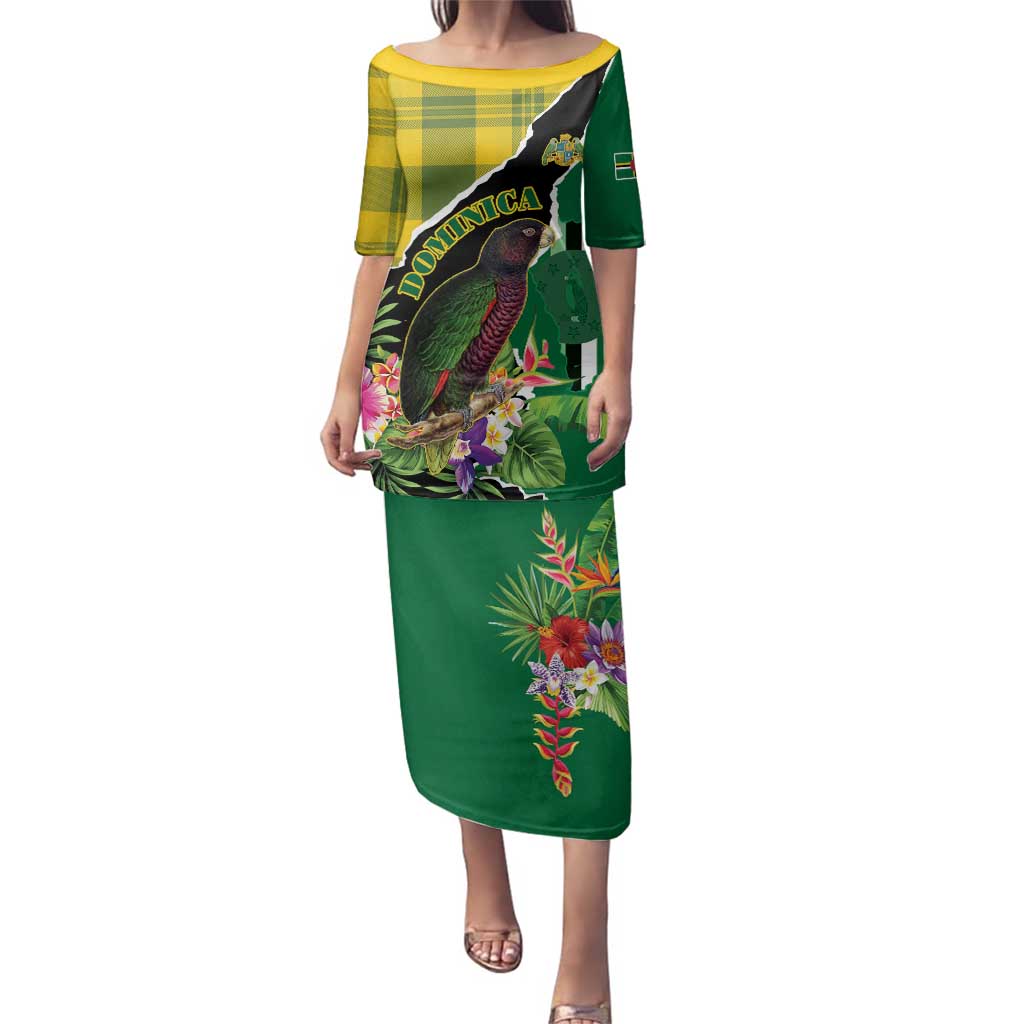 Personalised Dominica Independence Day Family Matching Puletasi and Hawaiian Shirt Sisserou Parrot With Tropical Flowers - Wonder Print Shop