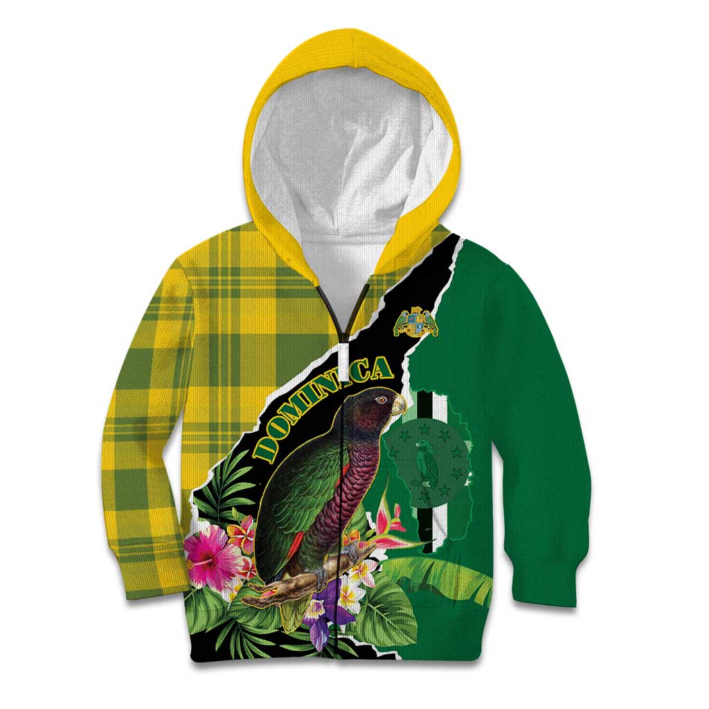 Personalised Dominica Independence Day Kid Hoodie Sisserou Parrot With Tropical Flowers - Wonder Print Shop