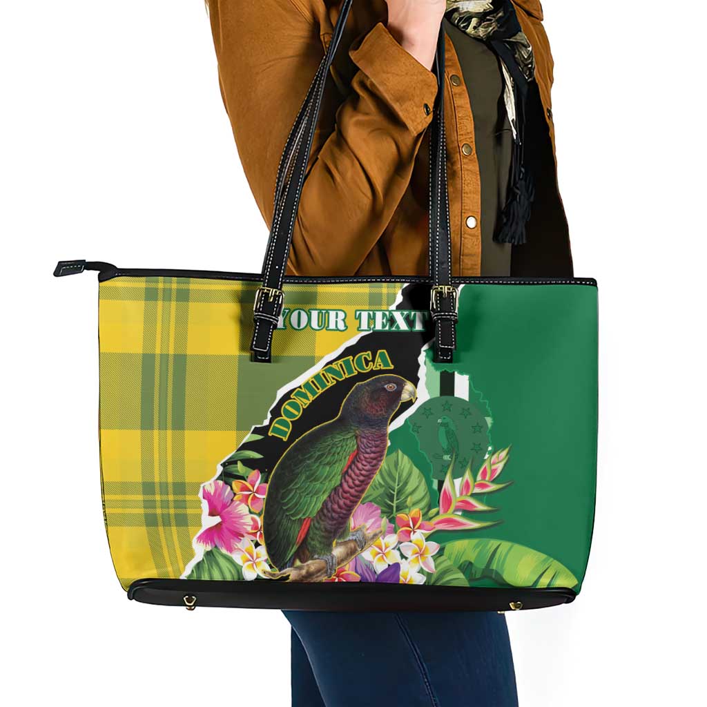 Personalised Dominica Independence Day Leather Tote Bag Sisserou Parrot With Tropical Flowers - Wonder Print Shop