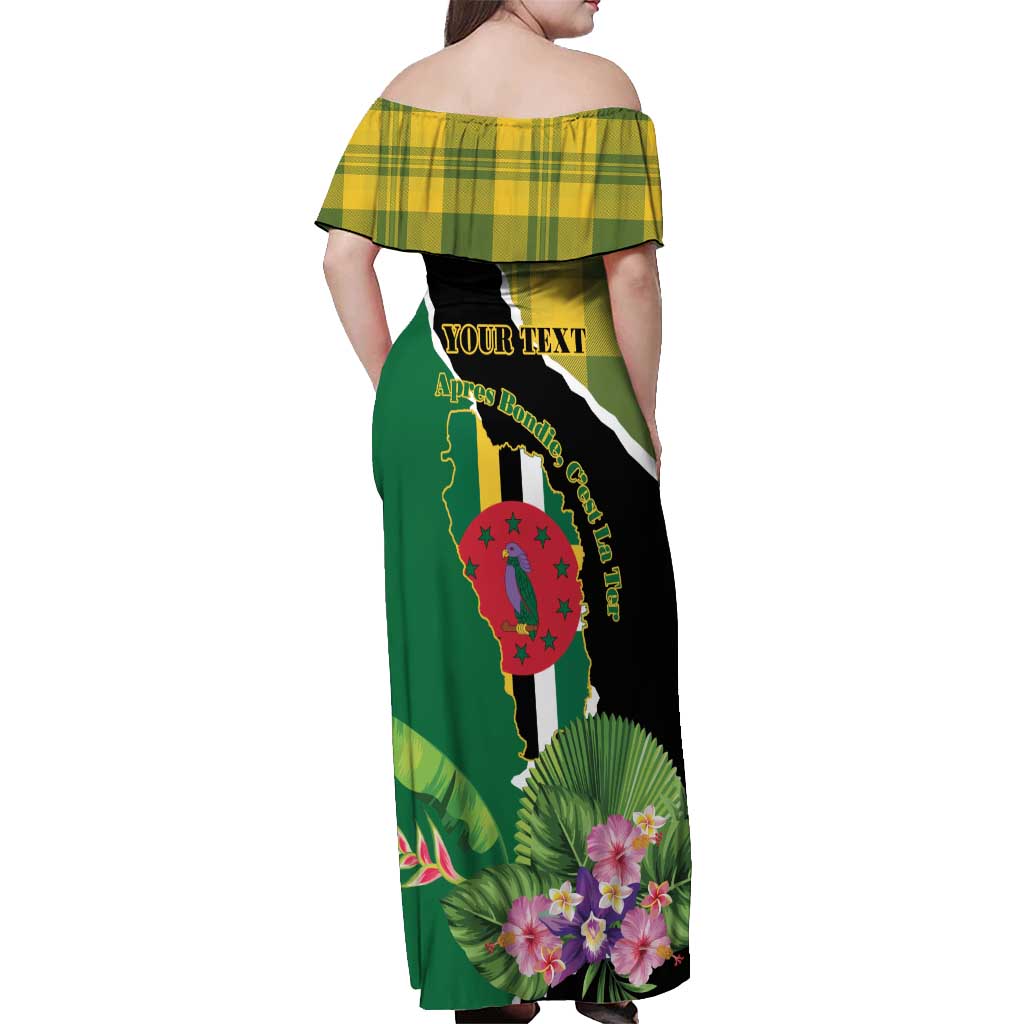 Personalised Dominica Independence Day Off Shoulder Maxi Dress Sisserou Parrot With Tropical Flowers - Wonder Print Shop