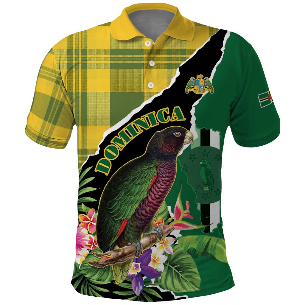 Personalised Dominica Independence Day Polo Shirt Sisserou Parrot With Tropical Flowers - Wonder Print Shop