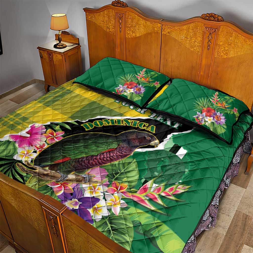 Personalised Dominica Independence Day Quilt Bed Set Sisserou Parrot With Tropical Flowers - Wonder Print Shop
