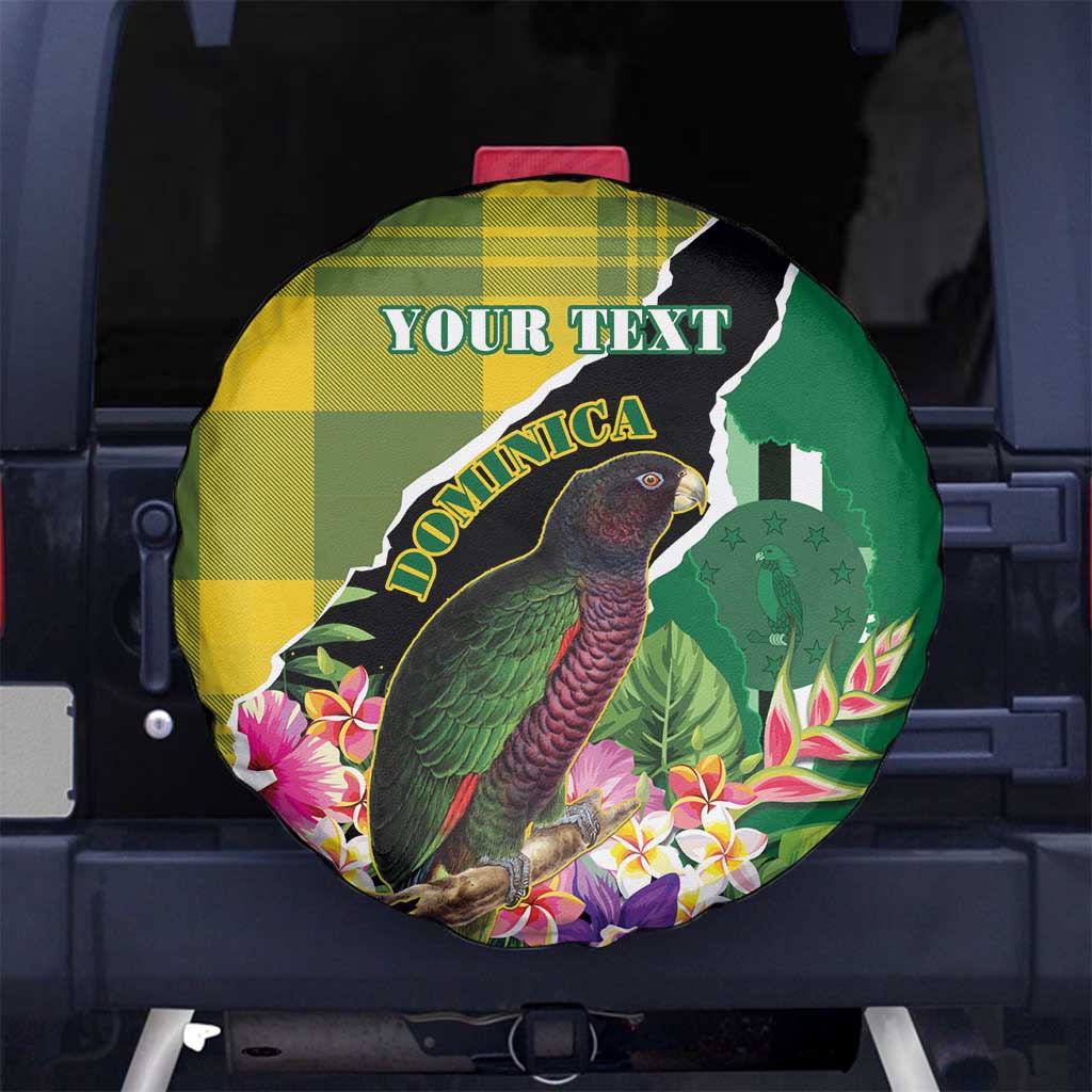 Personalised Dominica Independence Day Spare Tire Cover Sisserou Parrot With Tropical Flowers - Wonder Print Shop