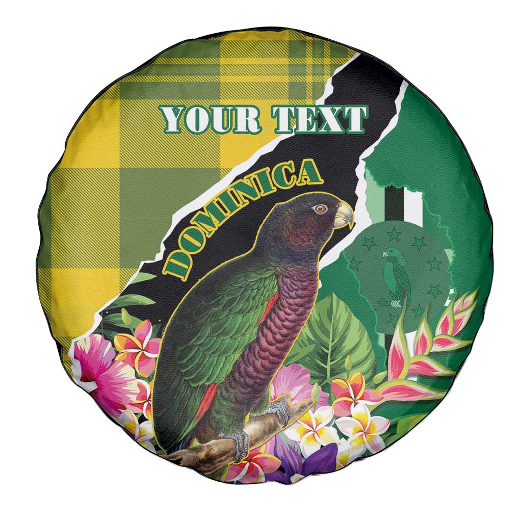 Personalised Dominica Independence Day Spare Tire Cover Sisserou Parrot With Tropical Flowers - Wonder Print Shop