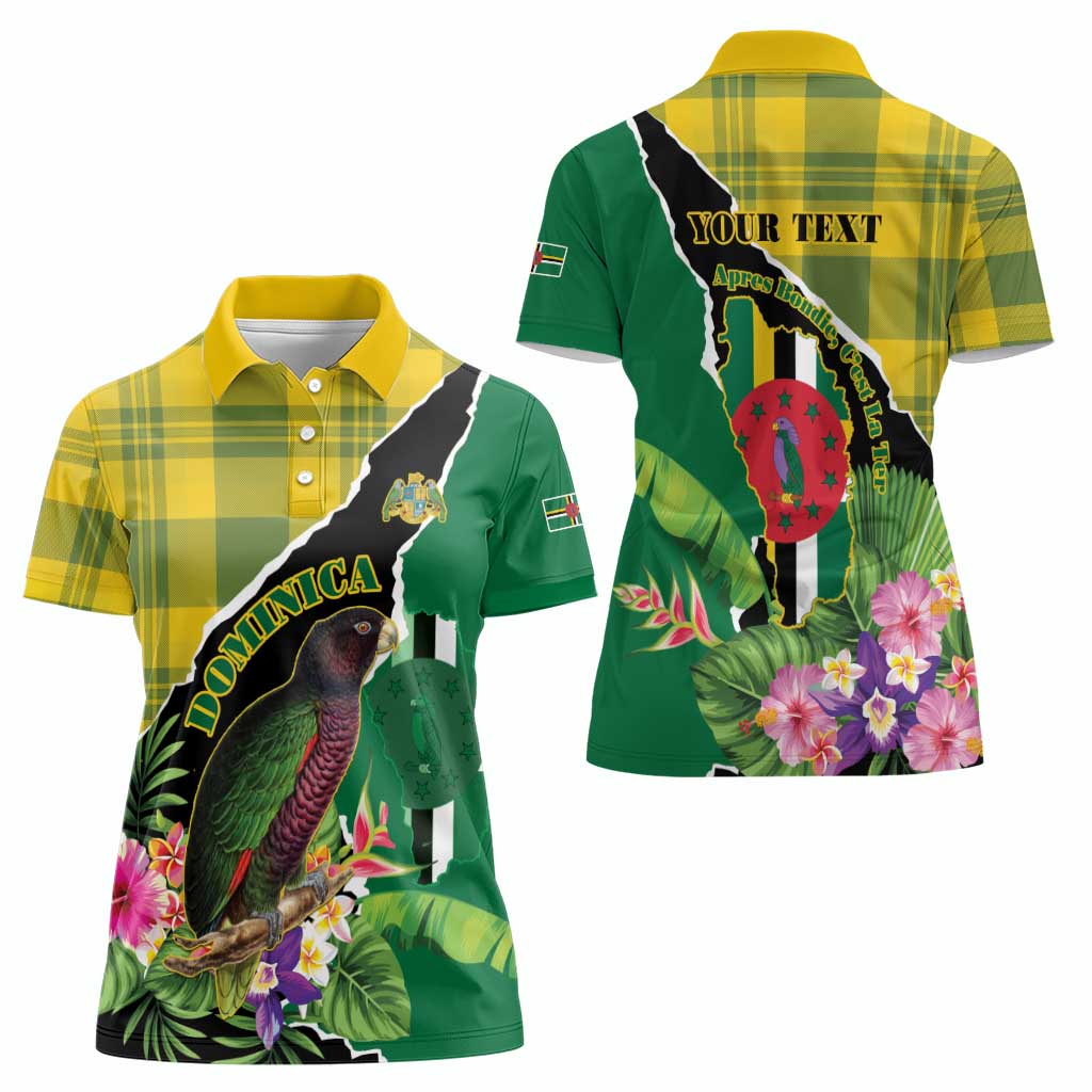 Personalised Dominica Independence Day Women Polo Shirt Sisserou Parrot With Tropical Flowers - Wonder Print Shop