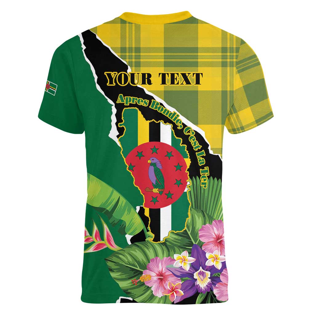 Personalised Dominica Independence Day Women V-Neck T-Shirt Sisserou Parrot With Tropical Flowers - Wonder Print Shop