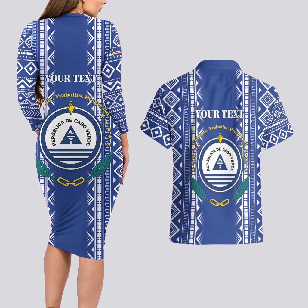 Personalised Cape Verde Couples Matching Long Sleeve Bodycon Dress and Hawaiian Shirt Grey Headed Kingfisher - Coat Of Arms - Wonder Print Shop