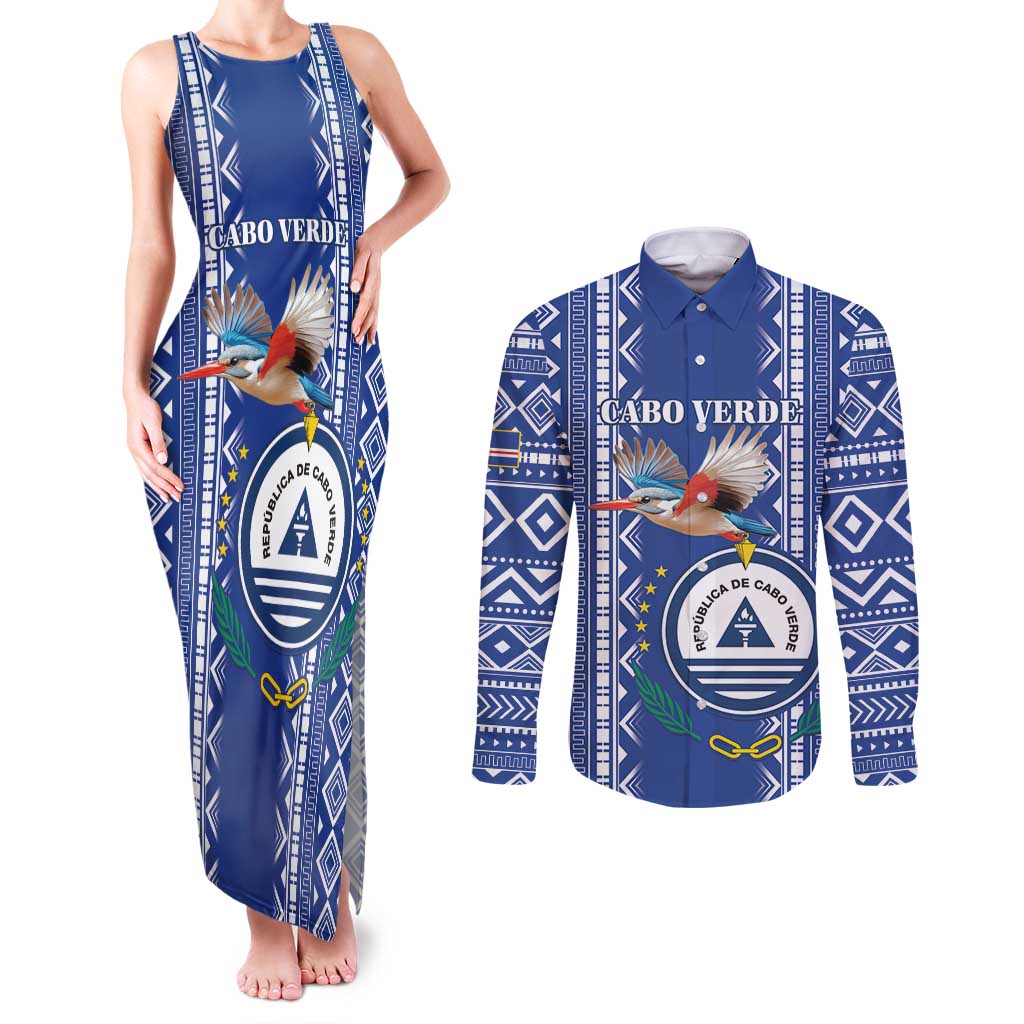 Personalised Cape Verde Couples Matching Tank Maxi Dress and Long Sleeve Button Shirt Grey Headed Kingfisher - Coat Of Arms - Wonder Print Shop