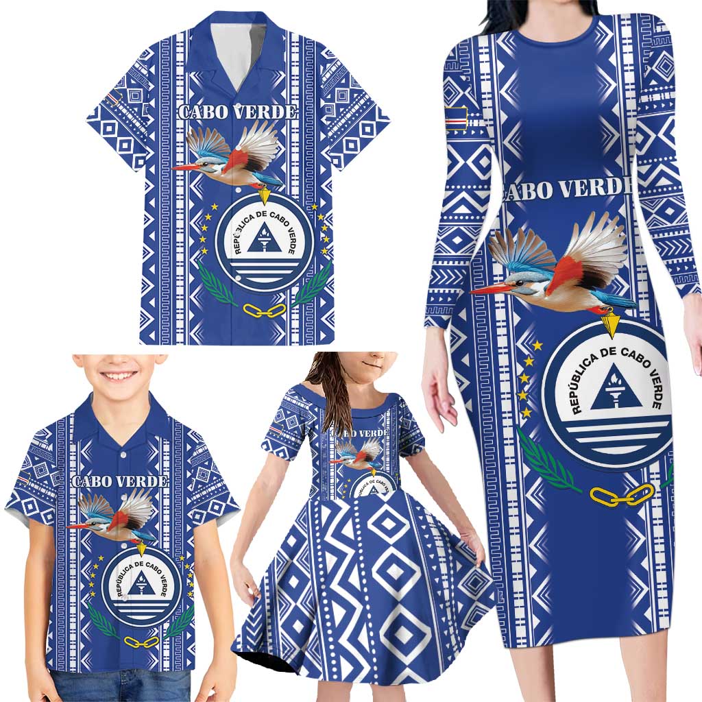 Personalised Cape Verde Family Matching Long Sleeve Bodycon Dress and Hawaiian Shirt Grey Headed Kingfisher - Coat Of Arms - Wonder Print Shop