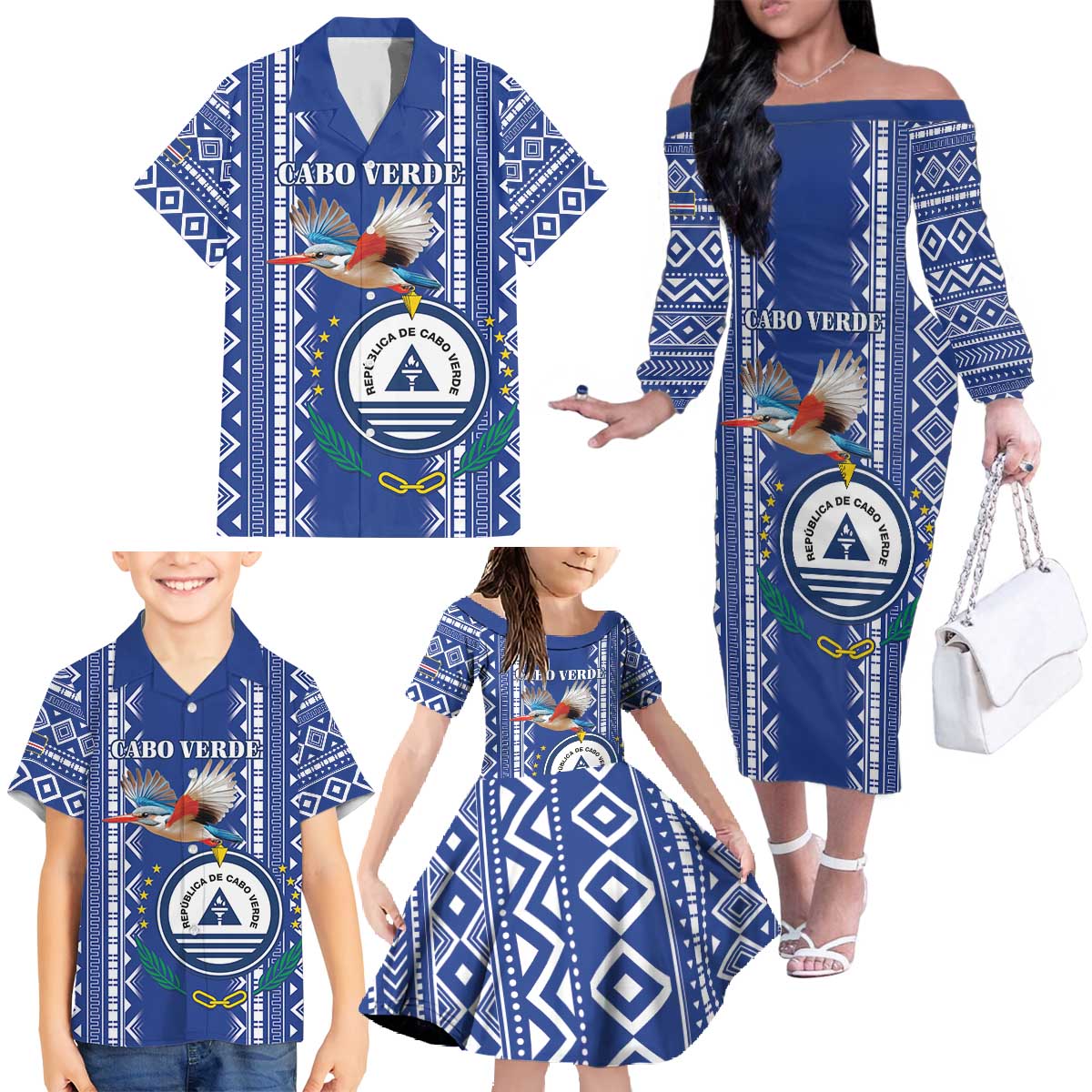 Personalised Cape Verde Family Matching Off The Shoulder Long Sleeve Dress and Hawaiian Shirt Grey Headed Kingfisher - Coat Of Arms - Wonder Print Shop