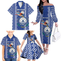 Personalised Cape Verde Family Matching Off The Shoulder Long Sleeve Dress and Hawaiian Shirt Grey Headed Kingfisher - Coat Of Arms - Wonder Print Shop