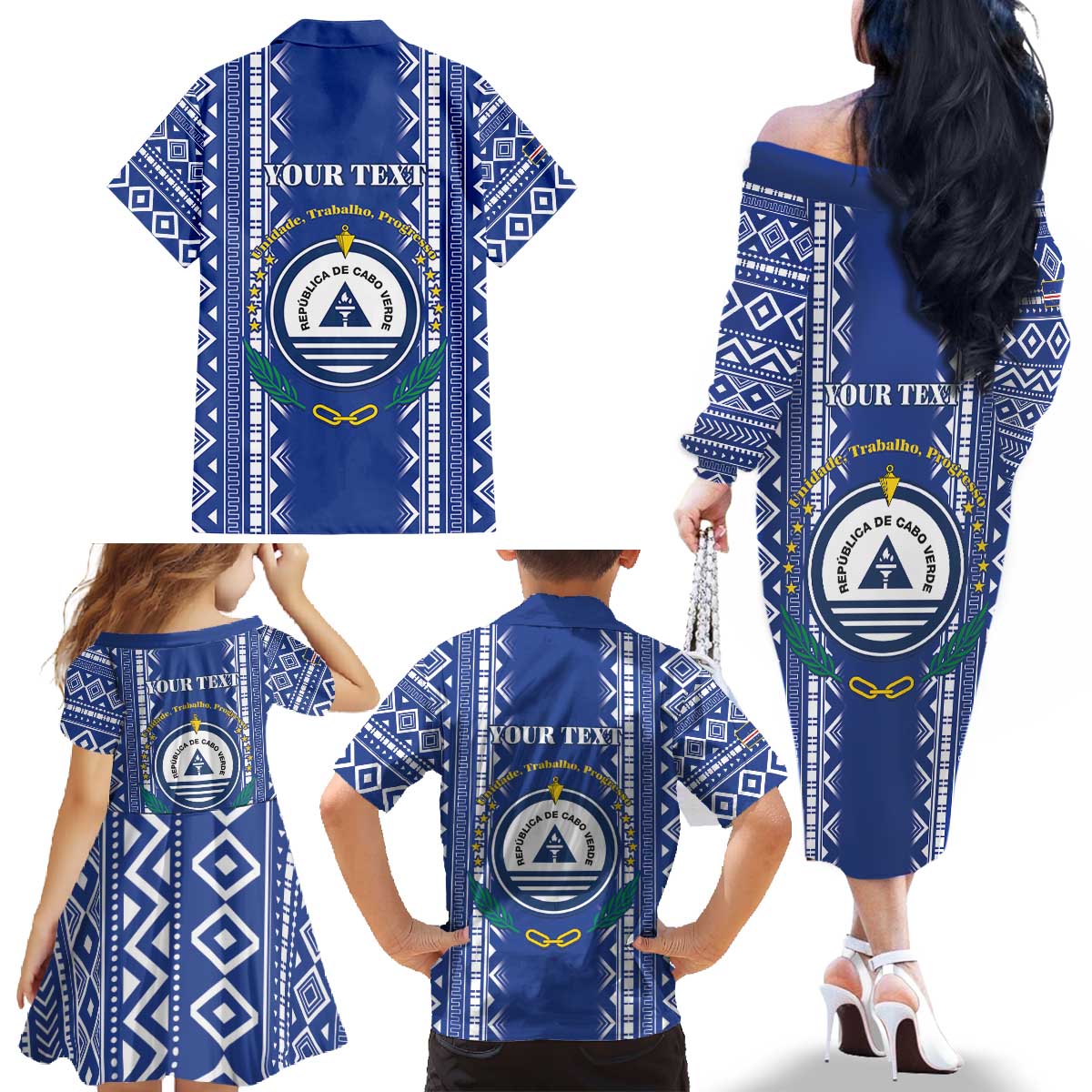 Personalised Cape Verde Family Matching Off The Shoulder Long Sleeve Dress and Hawaiian Shirt Grey Headed Kingfisher - Coat Of Arms - Wonder Print Shop