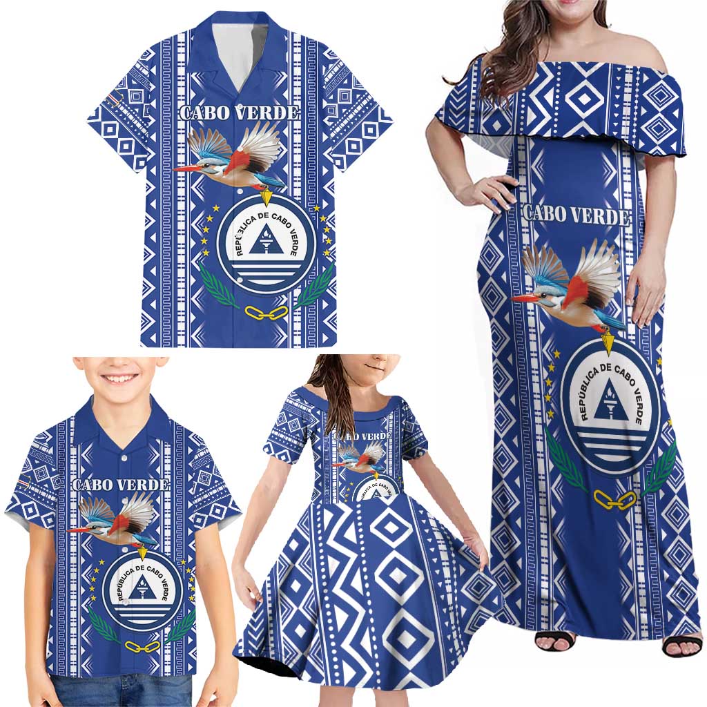 Personalised Cape Verde Family Matching Off Shoulder Maxi Dress and Hawaiian Shirt Grey Headed Kingfisher - Coat Of Arms - Wonder Print Shop