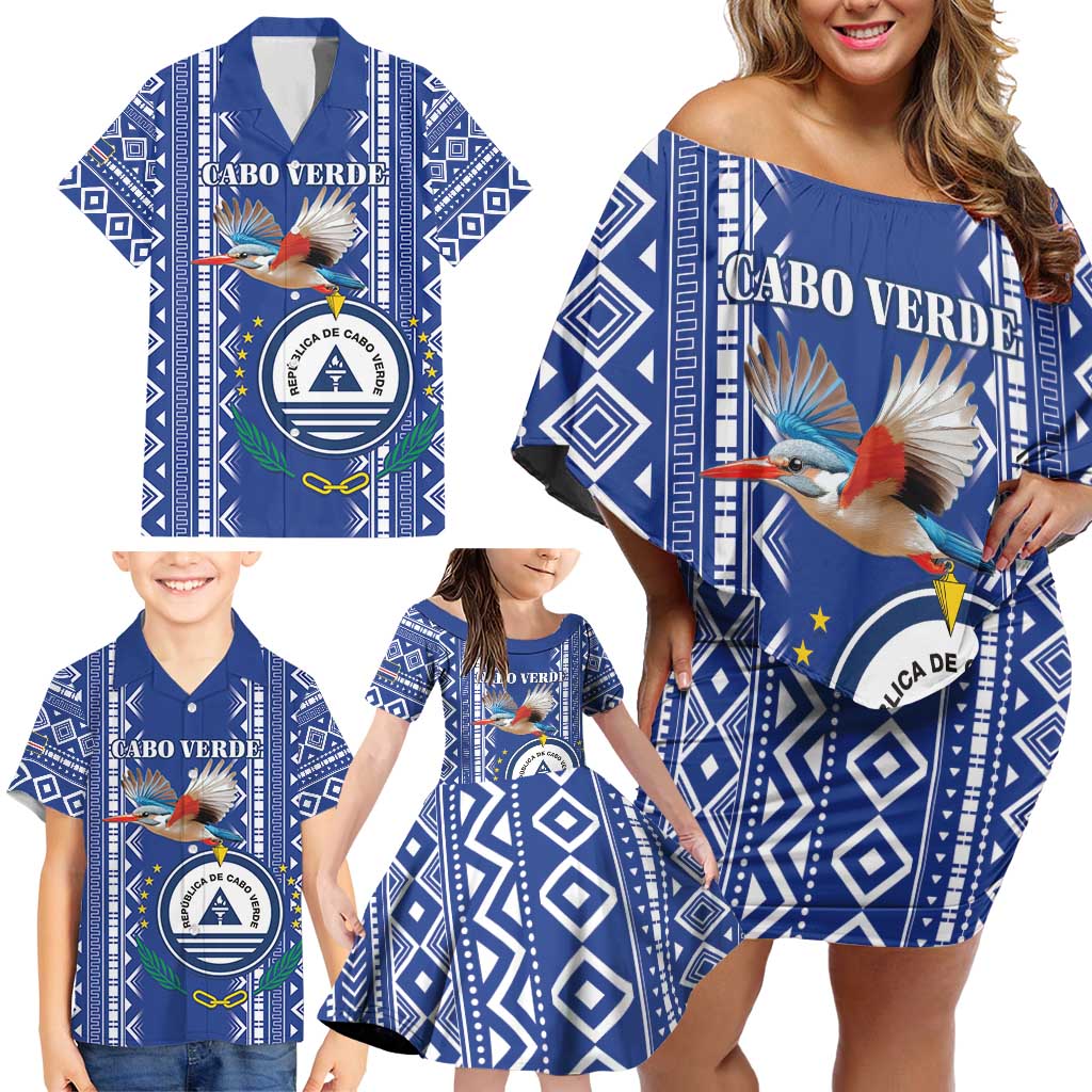 Personalised Cape Verde Family Matching Off Shoulder Short Dress and Hawaiian Shirt Grey Headed Kingfisher - Coat Of Arms - Wonder Print Shop