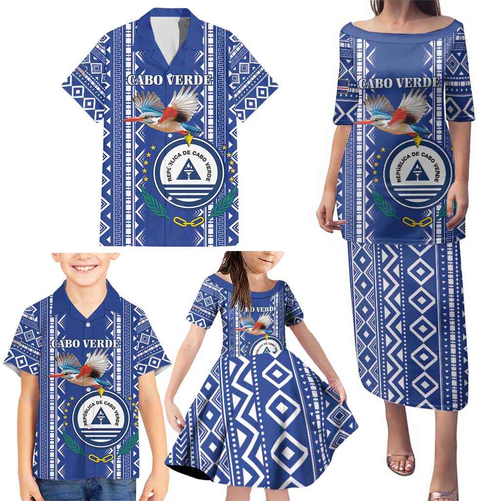 Personalised Cape Verde Family Matching Puletasi and Hawaiian Shirt Grey Headed Kingfisher - Coat Of Arms - Wonder Print Shop