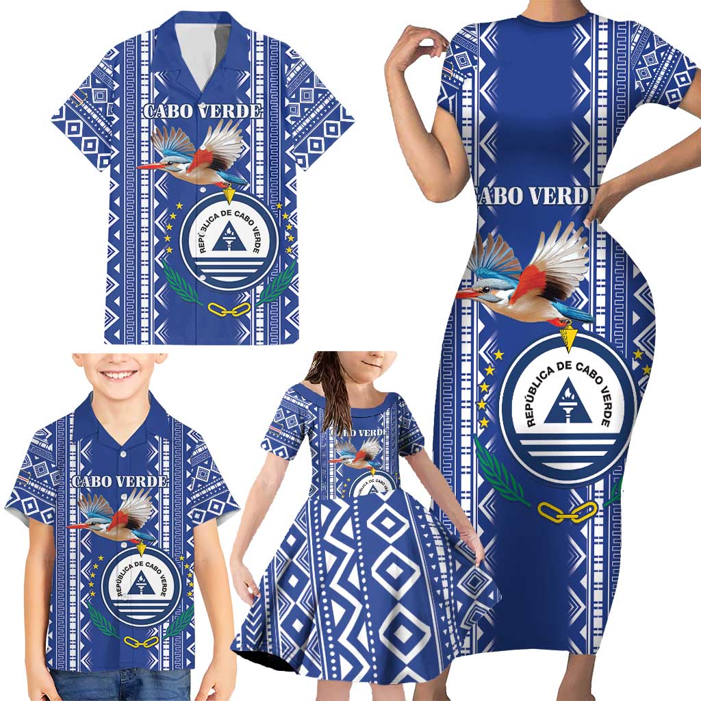 Personalised Cape Verde Family Matching Short Sleeve Bodycon Dress and Hawaiian Shirt Grey Headed Kingfisher - Coat Of Arms - Wonder Print Shop